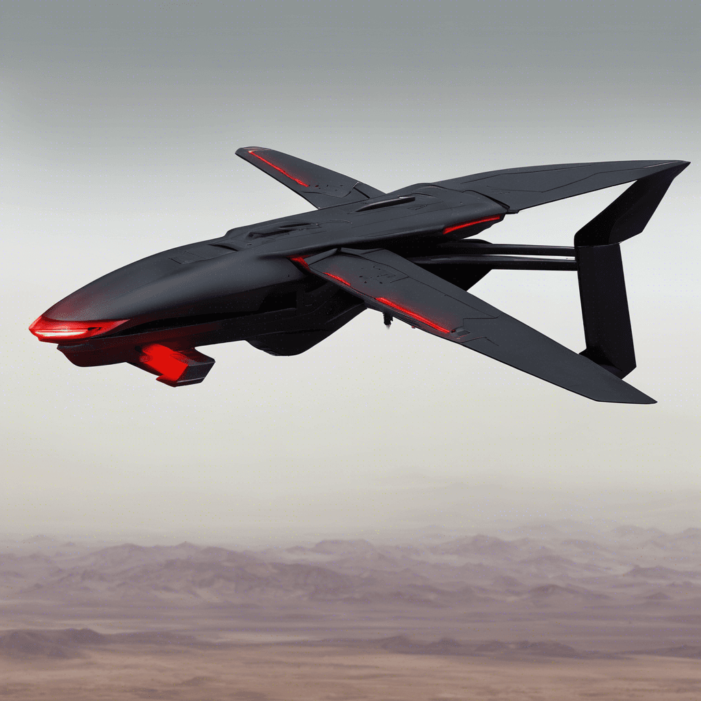 A sleek and ominous unmanned aerial vehicle, with a matte black exterior, glowing red sensor arrays, and whirring propellers emitting a low hum. It looks like a predatory bird of prey built for stealth and surveillance, equipped with various advanced weaponry.