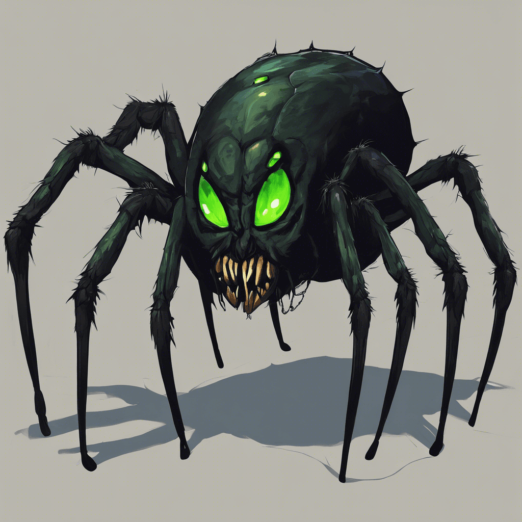 A giant spider with obsidian black carapace, glowing green eyes, and fangs dripping with venom. The size of a small horse, it skitters silently except for the faint hiss of its poisonous breath.