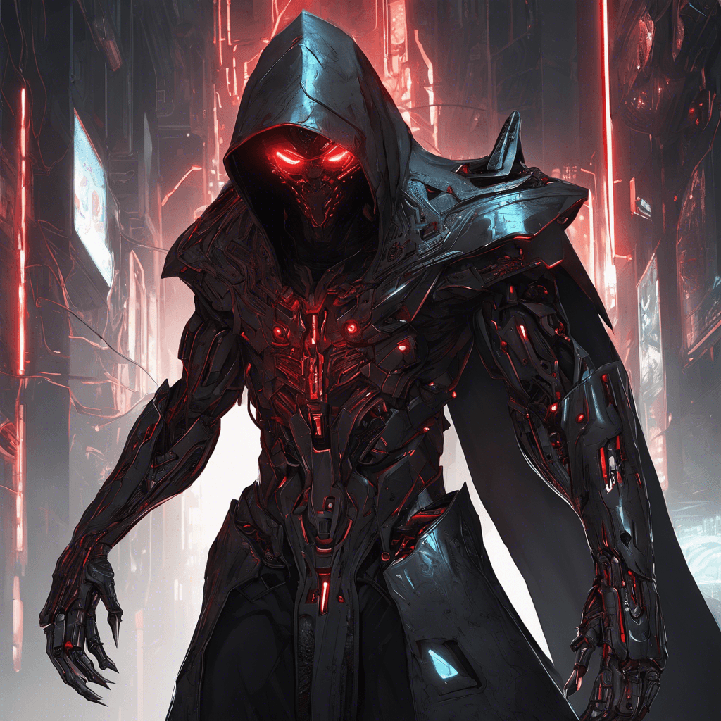 A sleek and deadly cybernetic assassin cloaked in darkness, with glowing red eyes that pierce through the shadows. Its body is covered in intricate circuitry and sharp edges, ready to strike at a moment's notice.