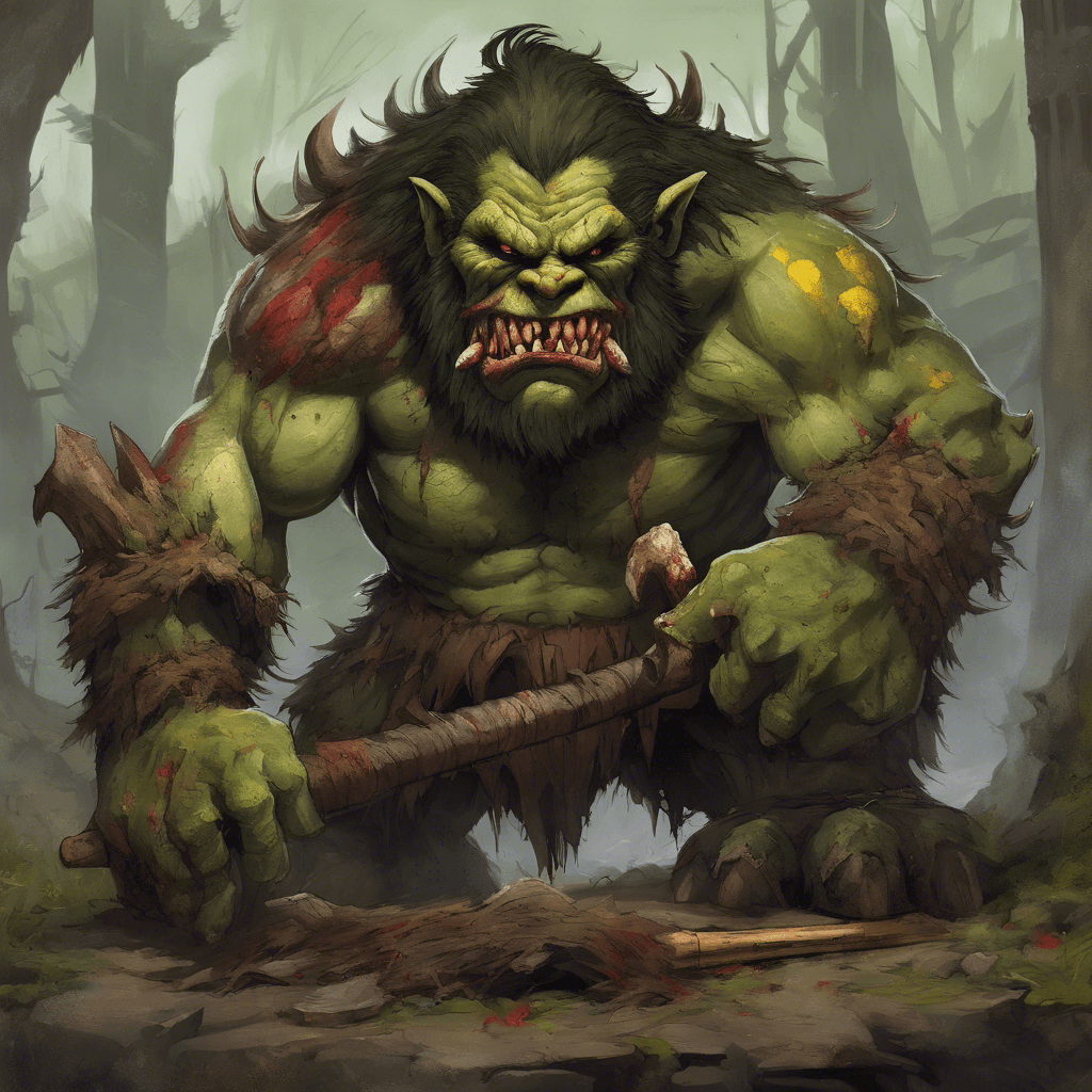 A colossal, hulking troll with warty green skin, jagged yellow tusks protruding from its lower jaw, and crimson eyes that exude malevolence. Its filthy, matted hair is speckled with sticks, leaves, and the remnants of its last meal. Muscles bulge under its thick hide as it grips a gnarled wooden club, ready to crush anything in its path.