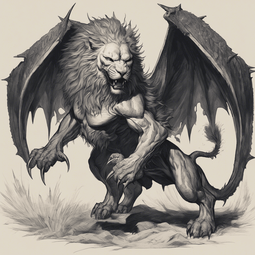 A fearsome beast with the body of a lion, a human-like head with three rows of sharp teeth, dragon wings, and a tail full of lethal spikes ready to be hurled at its prey.