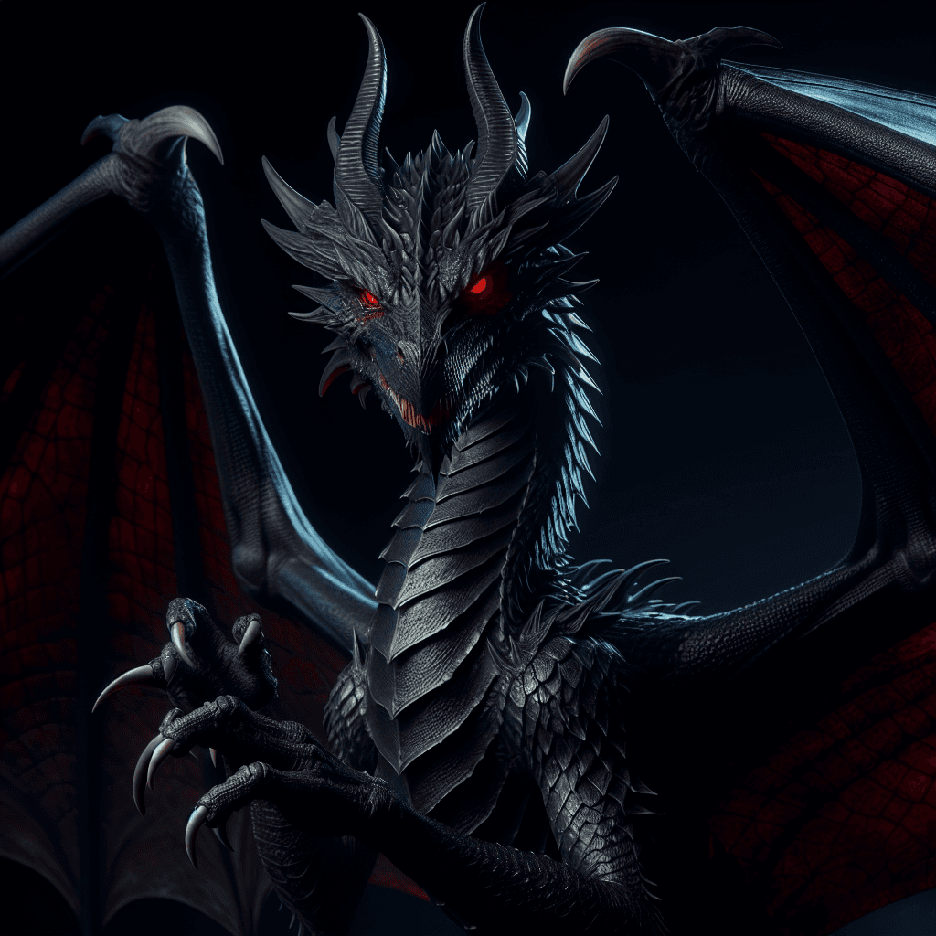 A dark, bat-winged drake with smoldering red eyes and scales that shimmer with an ethereal, shadowy essence. Its fangs and claws gleam with a malevolent light.