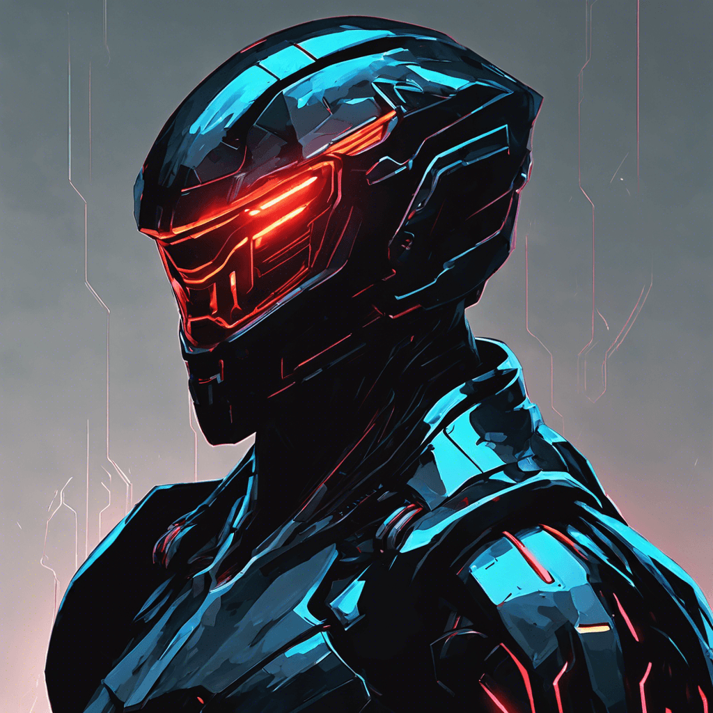 A towering figure, clad in reflective black cybernetic armor with neon blue circuitry pulsing beneath the surface. Its helmet, a sleek visor emitting a scanning red light, betrays no emotion. The silhouette of this stealthy assassin is occasionally distorted by cloaking technology, shimmering like a heat mirage.