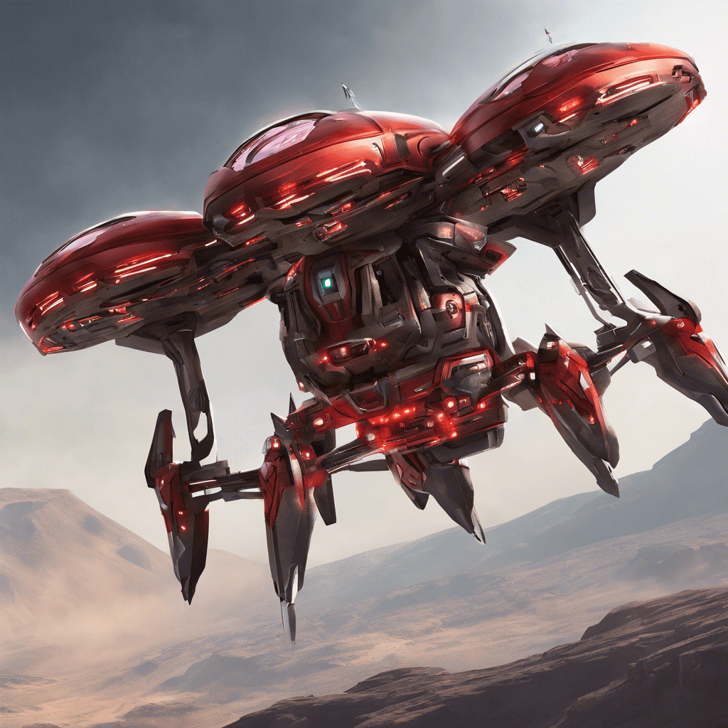 A sleek, metallic drone with glowing red sensors and multiple laser cannons attached. Its body is covered in advanced armor plating, reflecting the faint light of the temple's interior. It hovers silently, ready to defend the artifact at all costs.