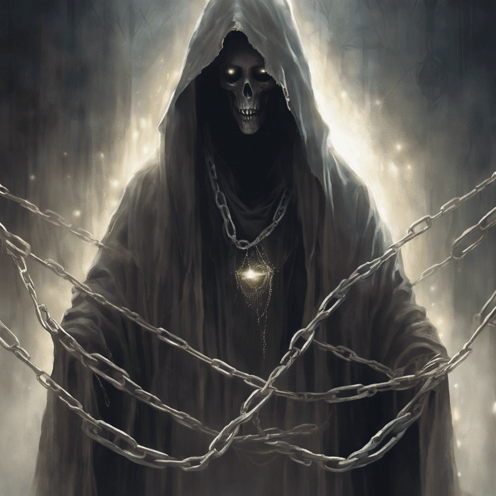 A ghostly figure clad in tattered robes, its face obscured by a hood. Ethereal chains drape from its form, clinking softly with the whispers of the damned. Eerie light emanates from its hollow eye sockets.