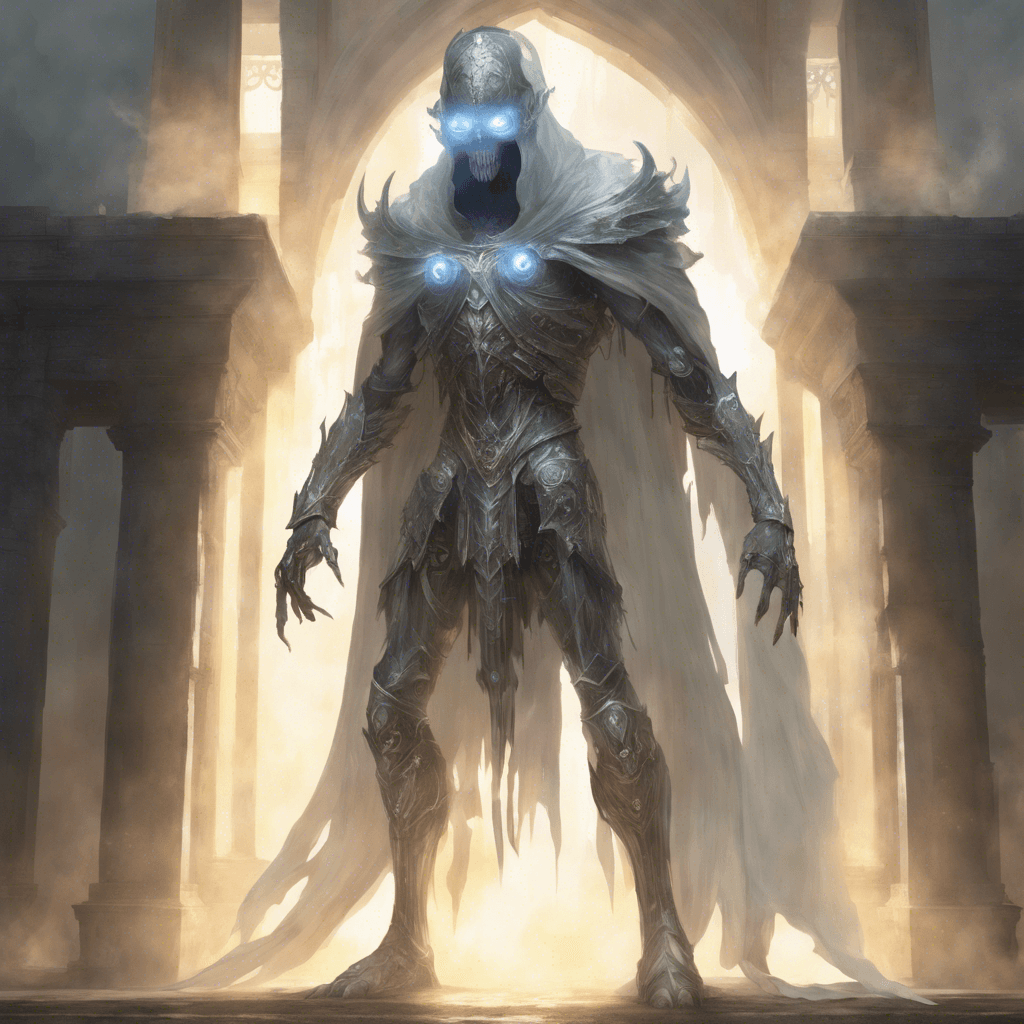 A towering figure, clad in ancient, ethereal armor, its hollow eye sockets blaze with ghostly light. Its semi-transparent form is both majestic and terrifying, with a cape that seems to be woven from the very mists that envelop the grounds of the estate.