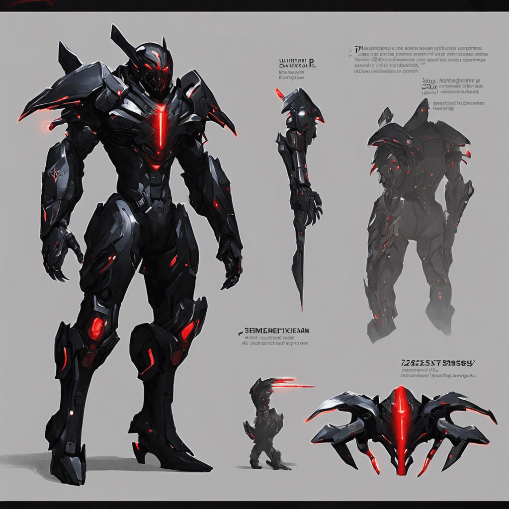 A towering figure clad in sleek black cybernetic armor, with glowing red eyes piercing through the darkness. Its limbs are enhanced with sharp retractable blades and its body is covered in high-tech weaponry implants.