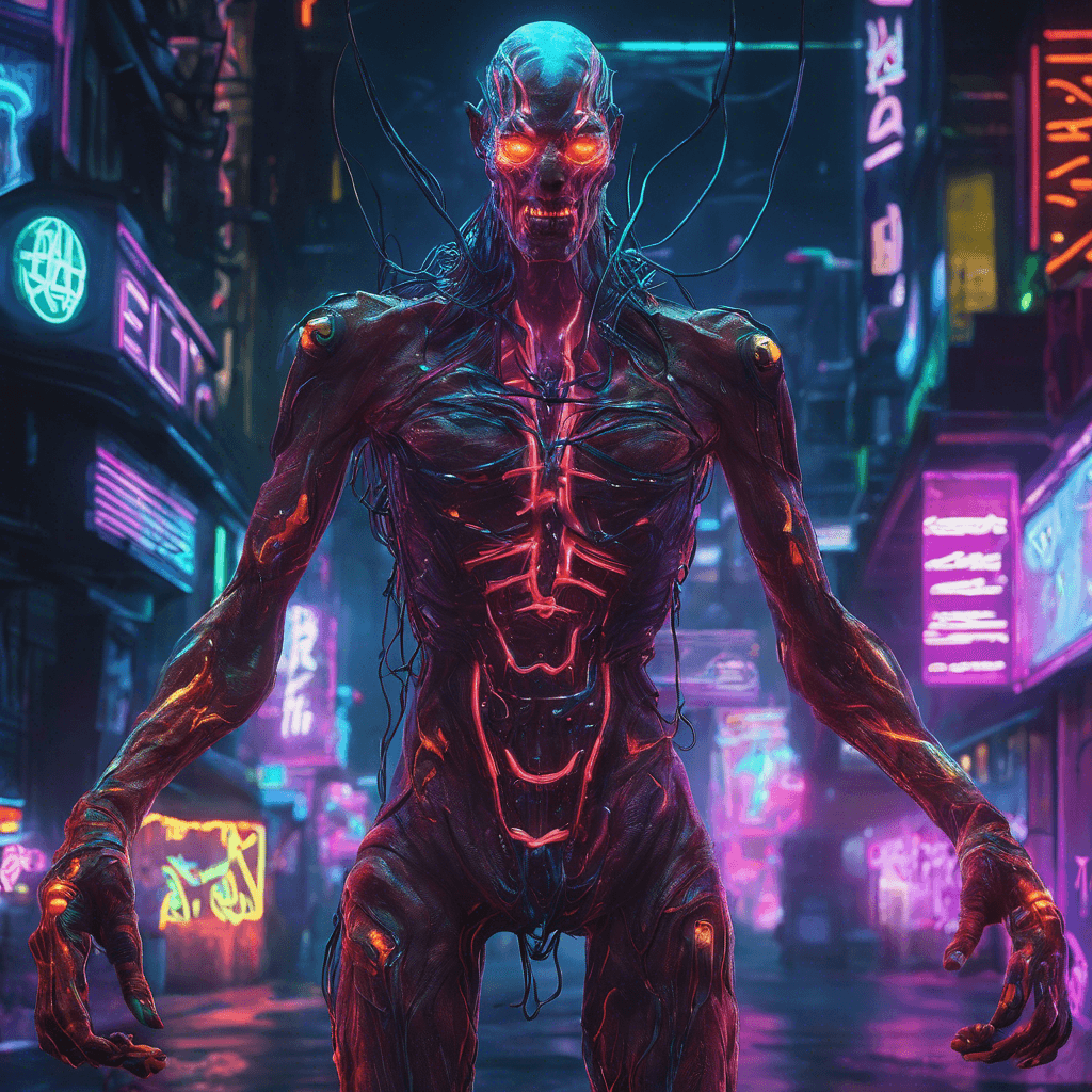 The Neon Revenant is a grotesque combination of flesh and augmented cybernetics. Its skin glistens under the neon lights, revealing pulsating veins intertwined with glowing circuits. Its eyes emit a cold, artificial light, devoid of any humanity.