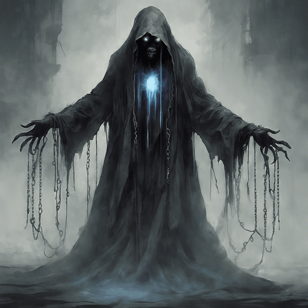 A chilling apparition clad in tattered robes, its body translucent like mist. Glowing eyes pierce through the darkness, exuding a sense of dread and malevolence. The sound of rattling chains follows its every movement, sending shivers down the spine of those who gaze upon it.