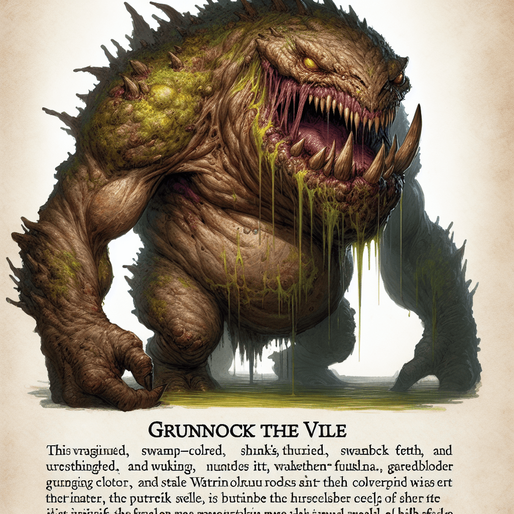 A bulging, hulking mass of swamp-colored flesh, Grunnock the Vile looms with jagged teeth protruding from its gnarled maw. Its eyes, a murky yellow, scan hungrily for its next victim as the stench of fetid waters clings to its thick skin.