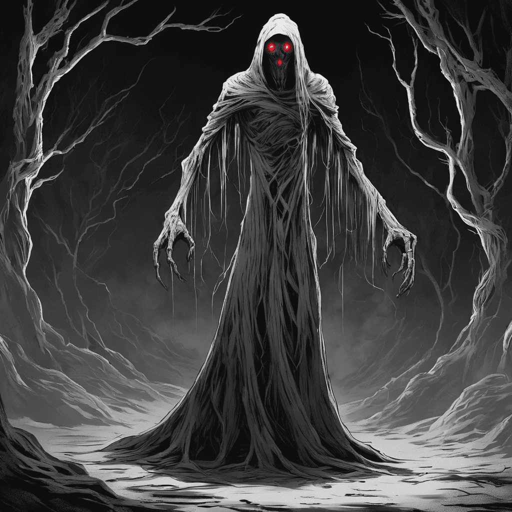 The Void Wraith is a terrifying creature from the depths of space. It appears as a shadowy figure with glowing red eyes, surrounded by an aura of darkness. Its form seems to shift and waver, making it difficult to focus on. Its presence instills a sense of dread in all who behold it.