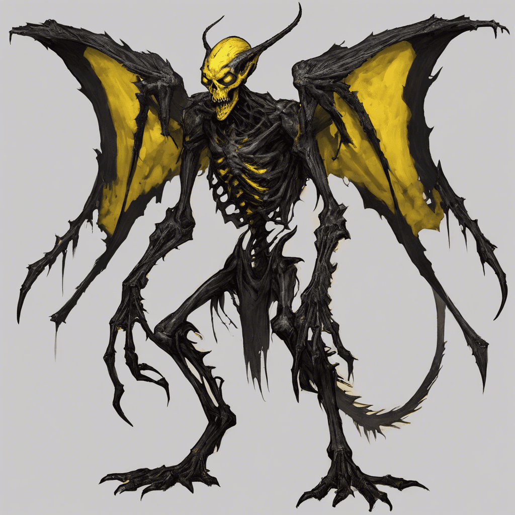 A towering creature with granite-like skin, Grimhex the Wicked has eyes that blaze with a sinister yellow light. Skeletal wings protrude from its back, adding to its dreadful appearance. Long, venom-tipped claws extend from its gnarled hands, perfect for tearing through both flesh and spirit.