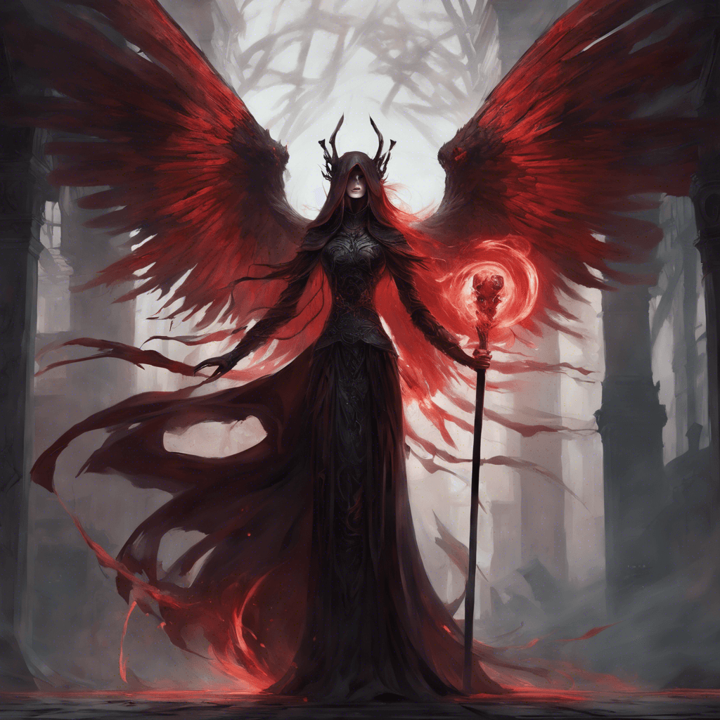 A towering figure shrouded in swirling shadows. Her eyes burn with a crimson glow, and dark wings unfurl from her back. She wields a staff topped with a skull that emanates a menacing aura