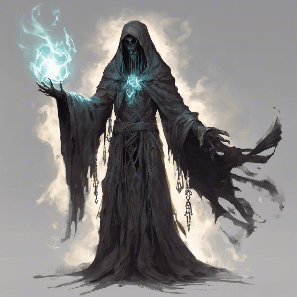 The Grimoire Wraith is a spectral entity emanating an ethereal glow, with tattered robes drifting in an unseen wind. Its eyes are like burning coals, and it carries an ancient, rune-etched tome chained to its wrist.