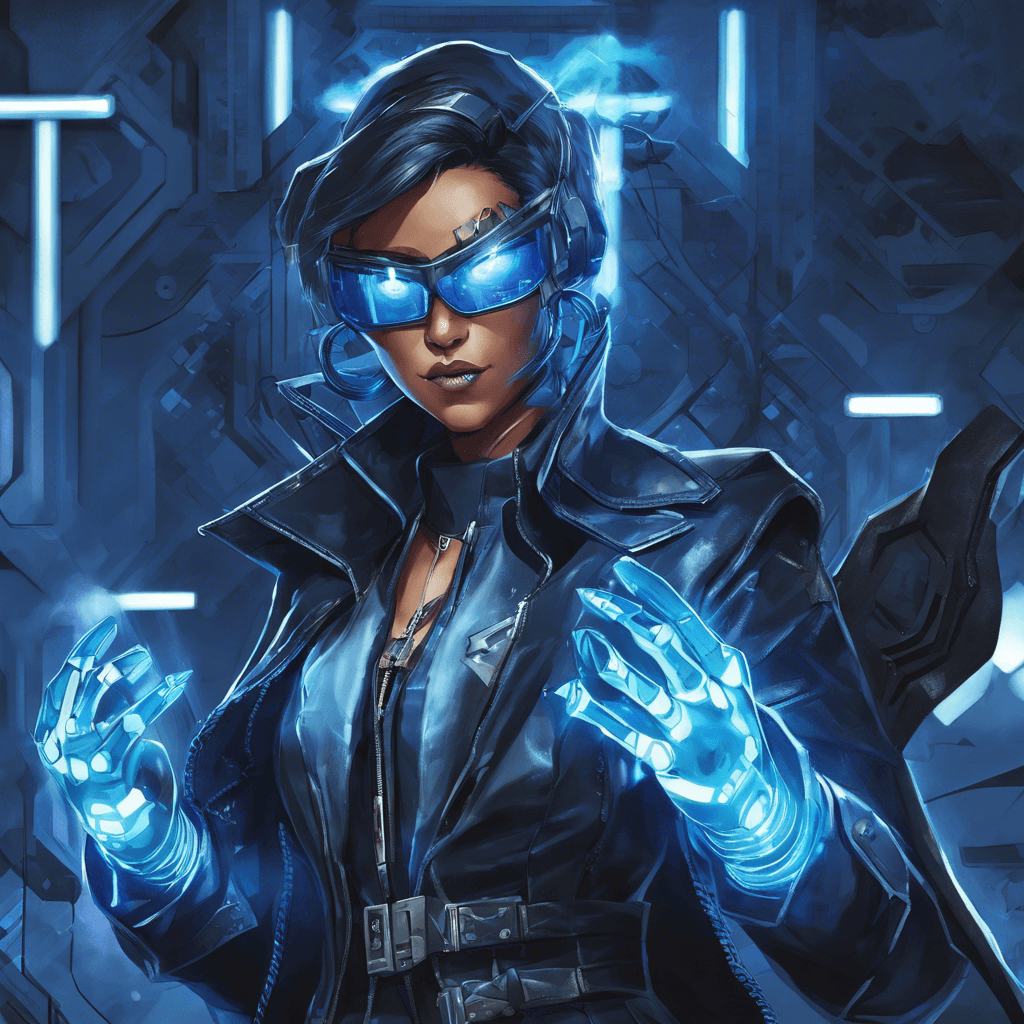 Azure Cipher is a fierce leader of the Blue Team, clad in a leather trench coat with embedded circuitry glowing blue. Her eyes are hidden behind mirror shades reflecting data streams, and her hands are decked with fingertip cybernetic enhancements designed for high-speed coding combat.