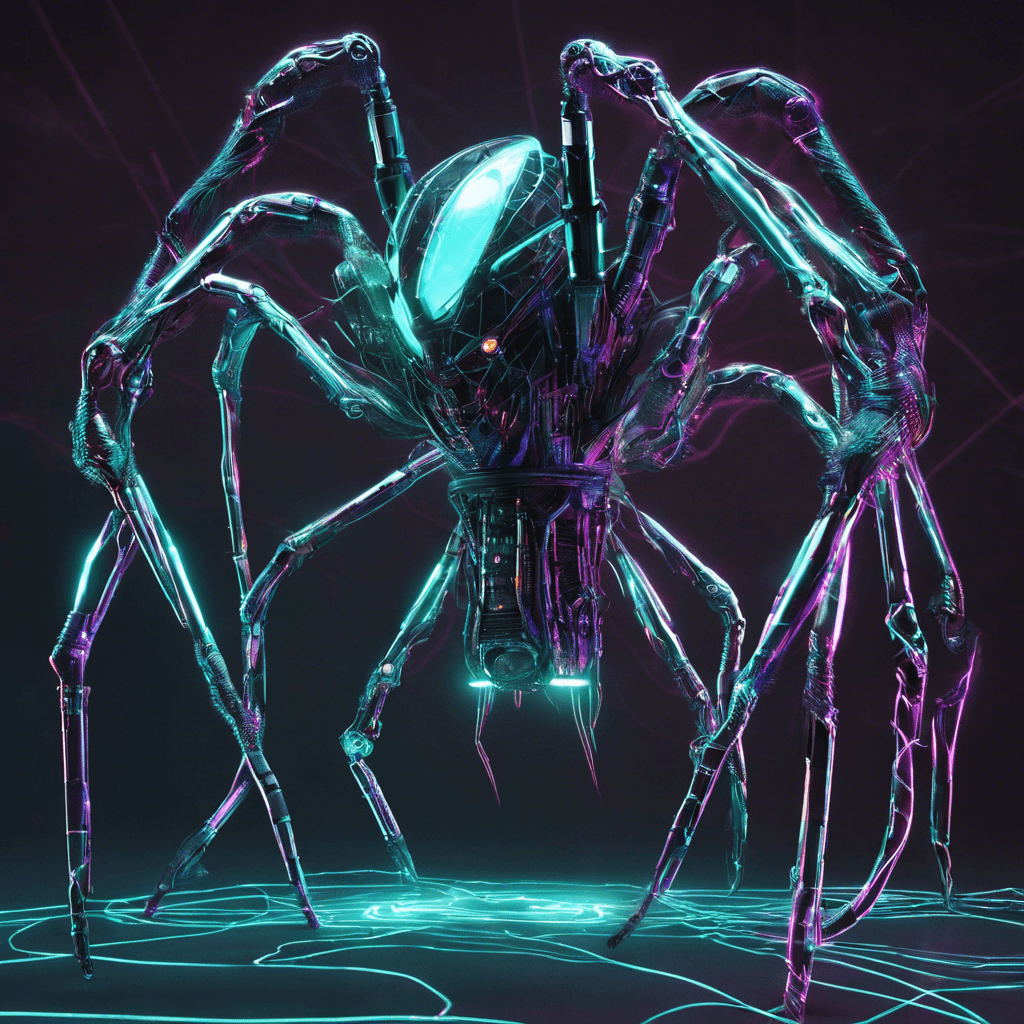 The Analog Ripper is a humanoid figure, its form a patchwork of cybernetic enhancements and twitching cables. Spider-like limbs extend from its back, tipped with razor-sharp cybernetic implements. Neon lights flicker across its eyes, while a network of exposed wires pulses with corrupted data along its arms.