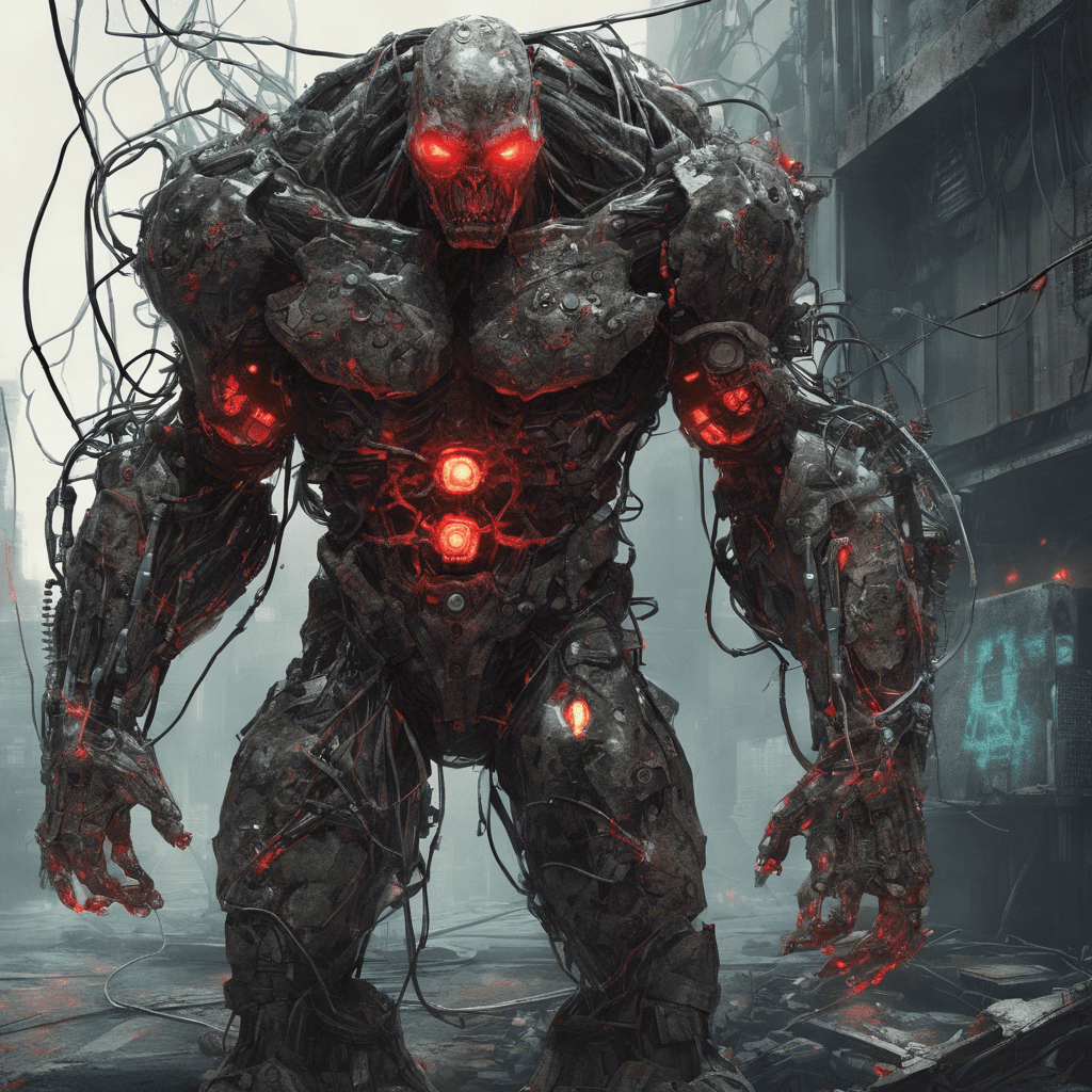 A hulking figure with glowing red eyes, draped in tattered digital camouflage cloaks. Its arms are adorned with cybernetic implants bristling with live wires and hacking tools.