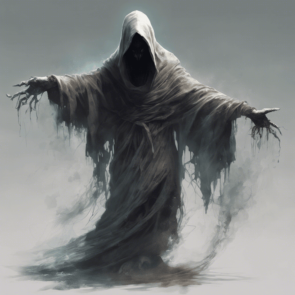 A spectral figure shrouded in tattered robes, its face obscured by the hood, drifting slightly above the ground. Its hands extend into long, ethereal claws that crackle with otherworldly energy.