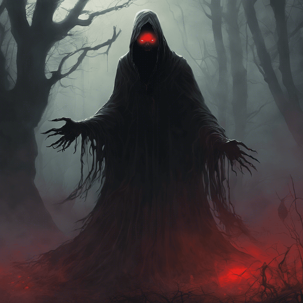 The Shadow Wraith is a spectral being, resembling a dark, shadowy figure with glowing red eyes. It moves silently through the mist, its form flickering and phasing in and out of existence. Its mere presence fills the air with dread and coldness, sending shivers down your spine.