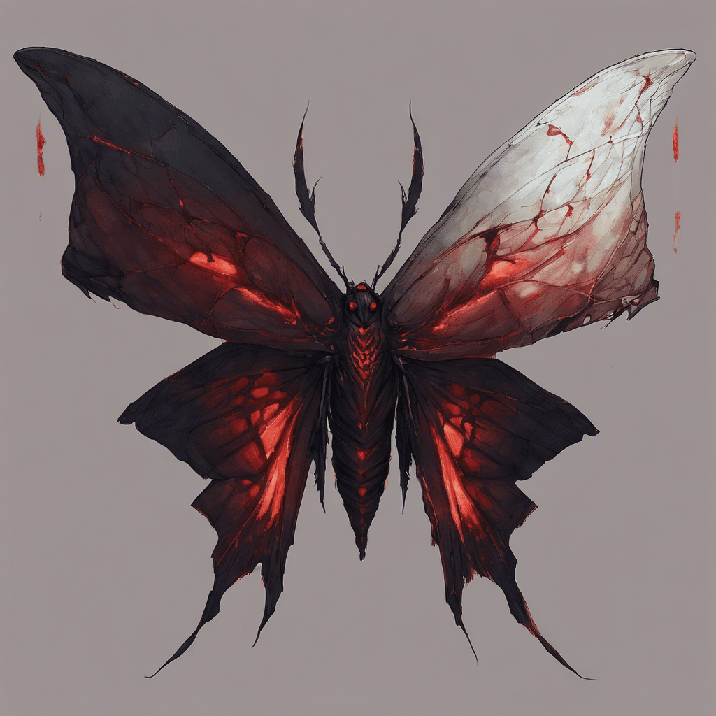 A monstrous moth with tattered, shadowy wings that seem to absorb the light around it. Its eyes glow with a sinister red hue, and its proboscis appears sharp and deadly. The Gloomwing's body is covered in a shroud of darkness, making it blend with the night.