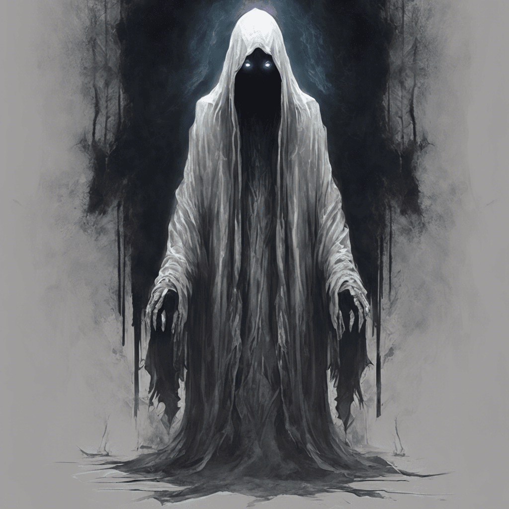 A spectral figure cloaked in tattered robes, emanating a cold, otherworldly aura. Glowing eyes pierce through the darkness, and a soft, eerie whisper can be heard emanating from its formless mouth.