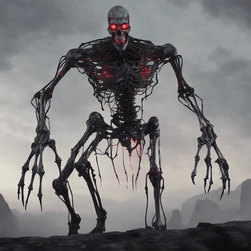 A towering, ghastly figure, with long, spindly arms made of skeletal metal and glowing red eyes set in a skull-like head. It moves silently despite its imposing size and the ambient light seems to warp around it, casting it in shadow.