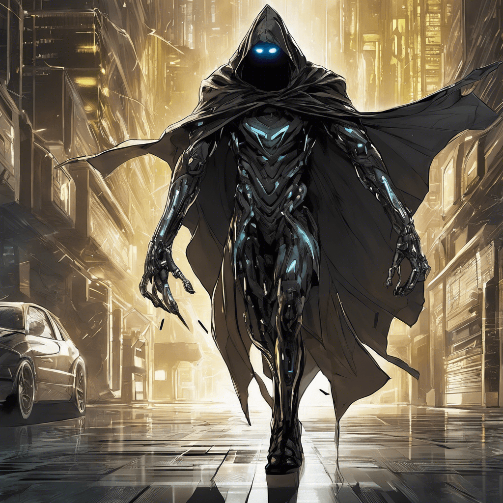 The Netweaver Assassin is a humanoid figure shrouded in a sleek, reflective cloak that distorts light, designed to merge with the shadows of the cyber realm. Its face obscured by a dark visor, glowing with malicious code streams, hints at sophisticated infiltration software at play. Equipped with cybernetic limbs optimized for silent movement and swift, deadly precision.