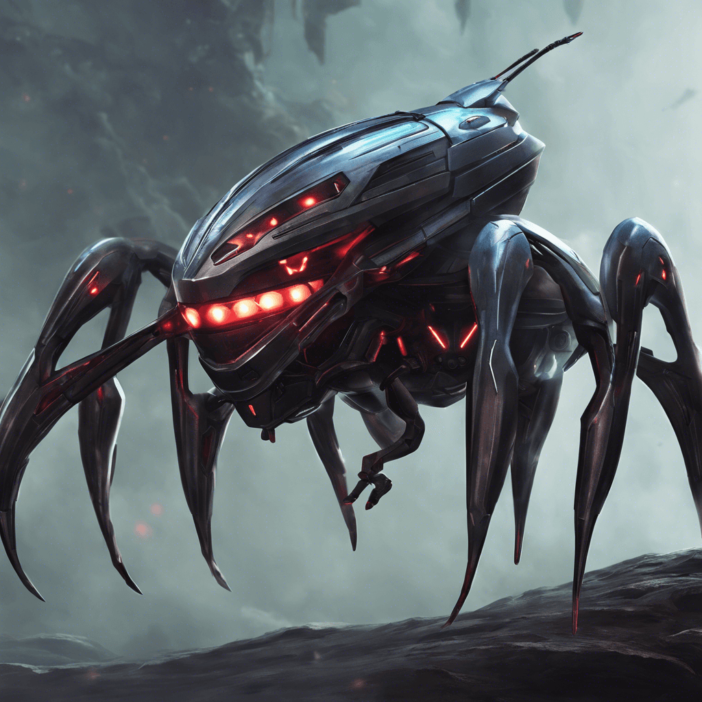 The Void Drone is a sleek metallic creature, resembling a cross between a robotic insect and a spaceship. It hovers in the air with a low hum, its glowing red eyes scanning the area for intruders. Its body is covered in advanced weaponry, ready to defend itself at a moment's notice.