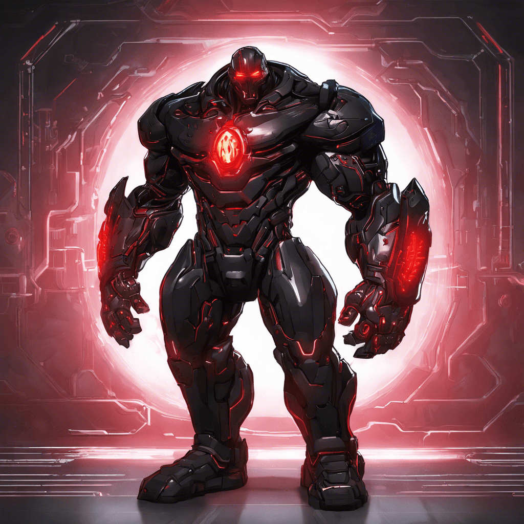 The Cybernetic Marauder is a hulking humanoid figure encased in sleek, black armor with glowing red circuitry running through its body. Its eyes burn with a menacing red light as it moves with mechanical precision, emitting a low hum from the integrated power core within its chest.