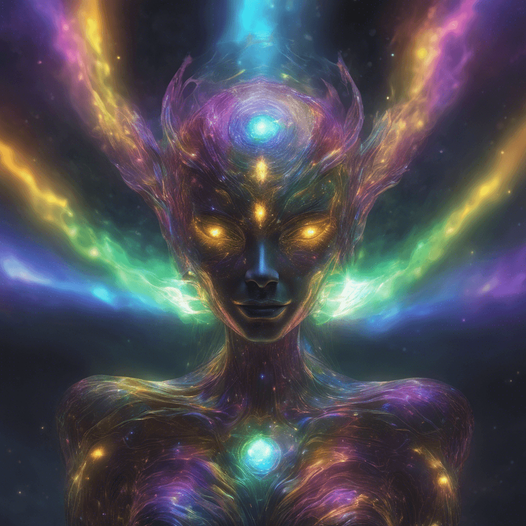 Floating entity shimmering with multicolored lights, its body phase-shifting, allowing brief glimpses into a spectral form. It's surrounded by a halo of fluctuating energy, and its eyes glow with a fierce inner light.