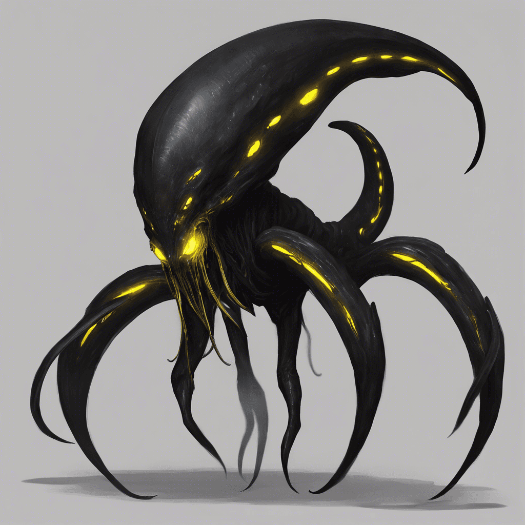 The Void Stalker is a stealthy alien creature that blends perfectly with the darkness of space. Its skin is a dark shade of black and it has multiple long, sharp tentacles that it uses to ensnare its prey. Its large, glowing yellow eyes dart around, searching for its next victim.