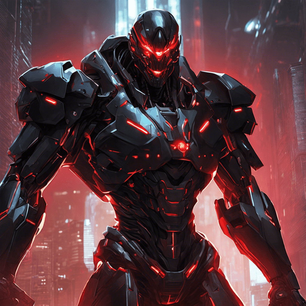 The Cybernetic Enforcer is a towering humanoid figure covered in sleek, black armor. Glowing red optics pierce through the darkness, scanning for any intruders. Its robotic limbs are equipped with a variety of deadly weapons, ready to eliminate any threats to the corporation.