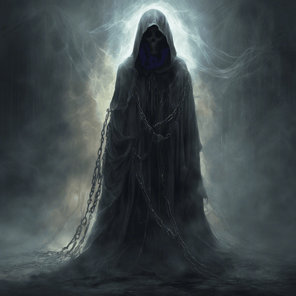 A spectral figure draped in tattered robes, its face obscured by the shadows of its hood. Ethereal chains clank as it floats, and ghostly whispers emanate from it, chilling the surrounding air.