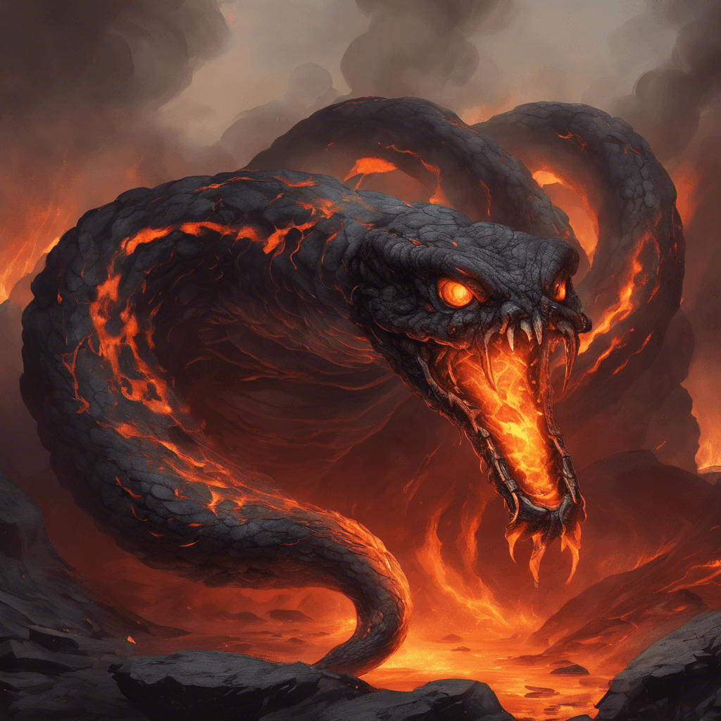 A serpentine creature made of smoldering rock and molten lava, with glowing eyes and smoke billowing from its scales.