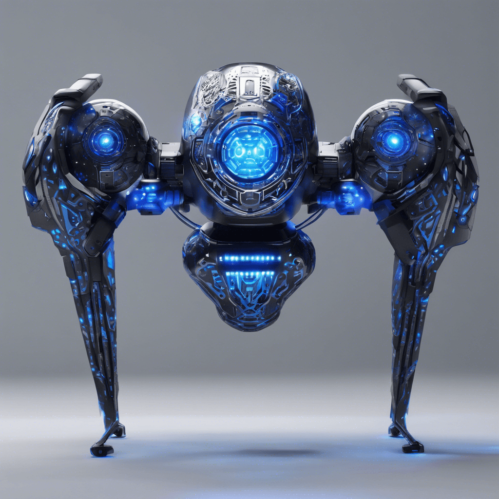 The Nebula Drone is a sleek metallic robot adorned with glowing blue lights that pulse rhythmically. Its body is covered in intricate patterns that seem to shift and change constantly, giving it a mesmerizing appearance. Equipped with advanced sensors and energy weapons, it hovers effortlessly in the air, ready to engage any threats.