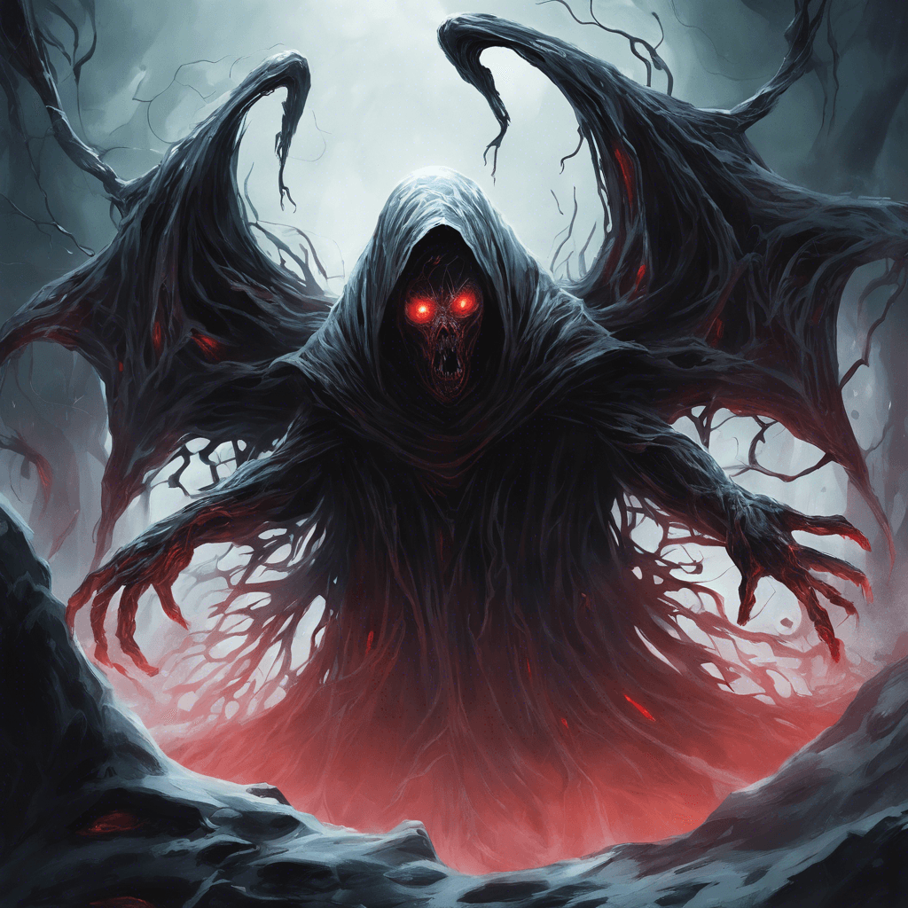 A terrifying entity from the depths of space, the Void Wraith is a shadowy figure with glowing red eyes and tendrils of energy swirling around its form. Its presence fills the air with a chilling coldness, freezing everything it touches.