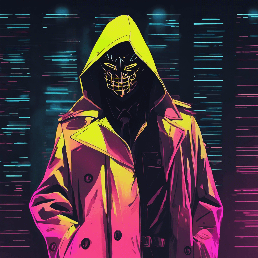 An elusive figure wrapped in a sable trench coat with an ever-shifting neon mask, concealing their identity. Their hands flicker with digital keys, ready to infiltrate or corrupt systems.