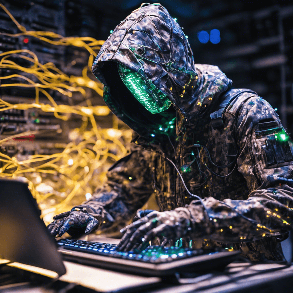 A figure cloaked in a digital camouflage suit, wires and data ports integrated directly into their skin. Lights gleam faintly under the hood that conceals their face, while their hands are aglow with keyboards of light, ready to breach any system.