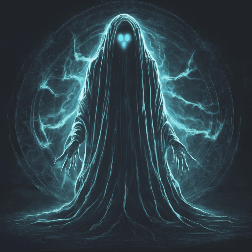 The Xenoghost is a spectral entity that appears as a shimmering, translucent figure with glowing alien symbols floating around it. It emits an eerie, otherworldly hum that sends shivers down your spine. Its presence distorts the space around it, making it difficult to focus on its exact form.