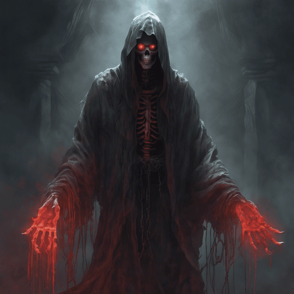 A towering figure draped in tattered robes that emit an eerie, dark mist. Skeletal hands protrude from the sleeves, and its face is hidden beneath a hood, glowing red eyes peering out. Chains rattle and spectral energy flows around it.