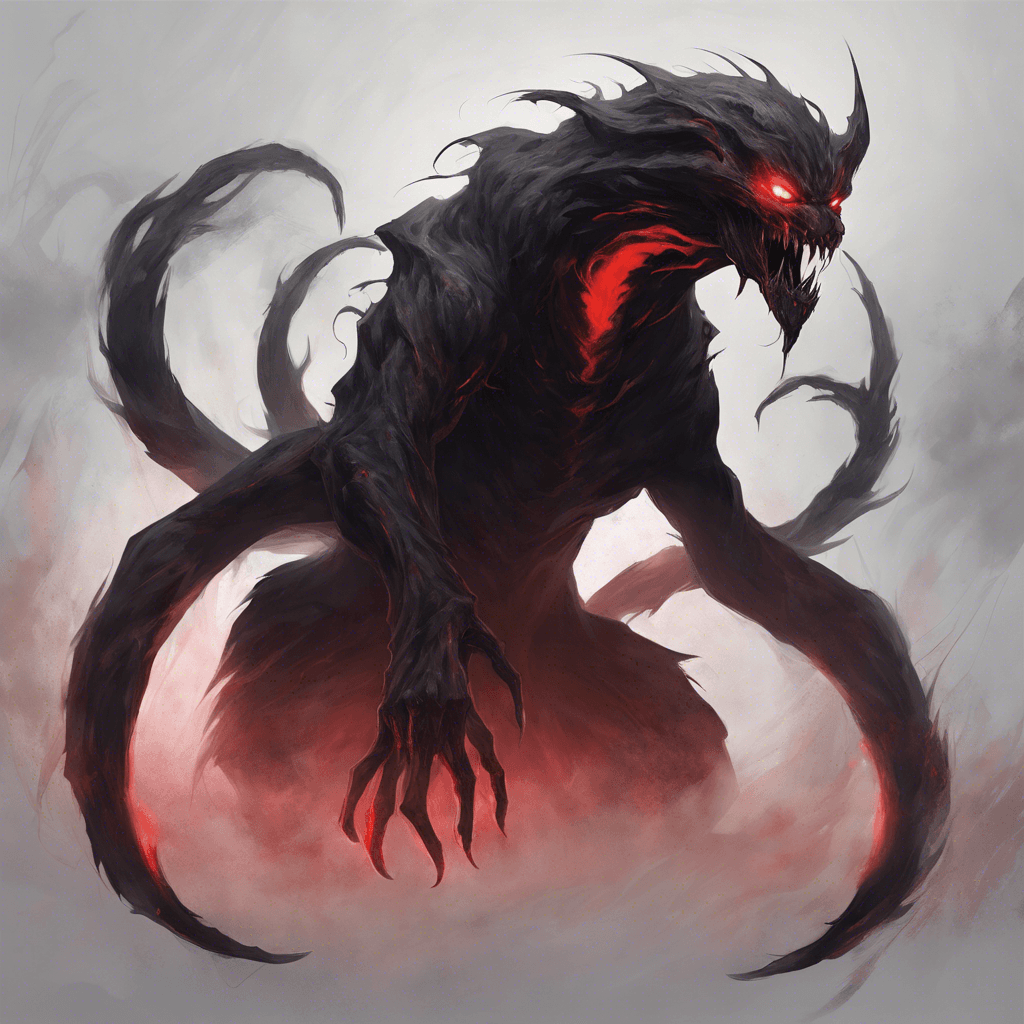 A shadowy figure with glowing red eyes, ethereal and shifting, with elongated claws and wisps of dark vapor emanating from its form. It moves with an eerie silence, occasionally letting out a low, haunting growl.