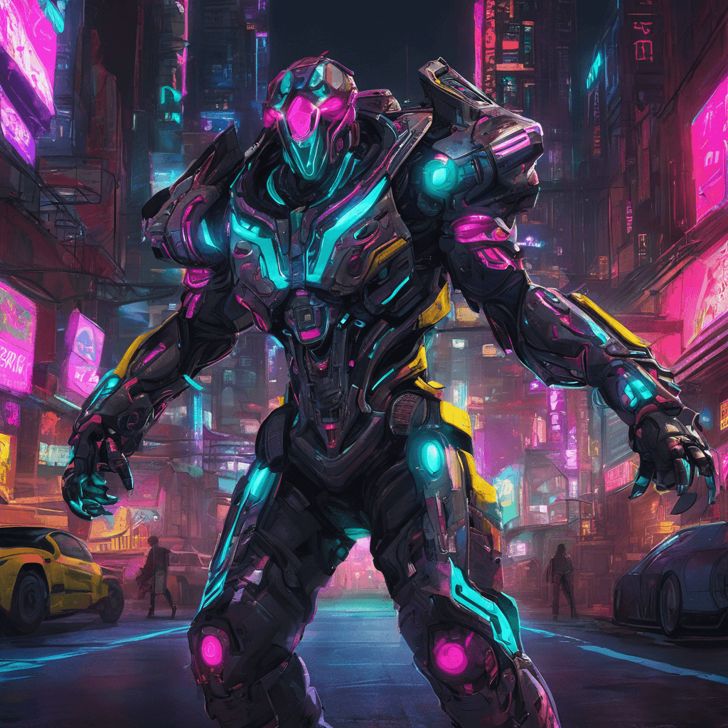 The Neon Scavenger is a cybernetically enhanced individual covered in scavenged technological parts, their eyes glowing with a fierce determination. They move with agility and precision, blending into the neon-lit streets of Neon City.