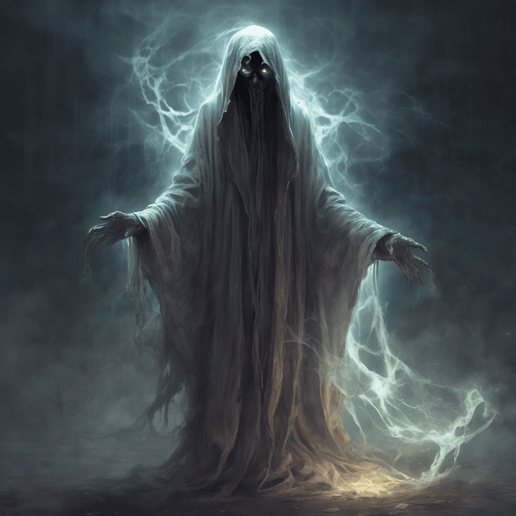 A ghostly figure clad in tattered robes, its eyes glowing with a malevolent light as it whispers chilling curses and omens. Its ethereal form seems to shift and flicker, making it hard to focus on its presence.