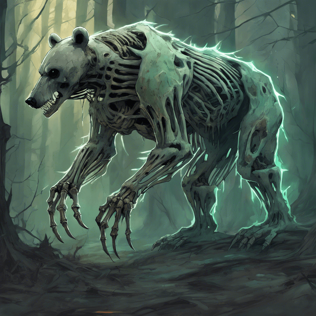 A towering skeletal bear with faint green flames flickering within its ribcage and eye sockets. Its massive bones creak with each movement, and its claws, sharp as scimitars, scrape the ground leaving trails in the dead leaves.