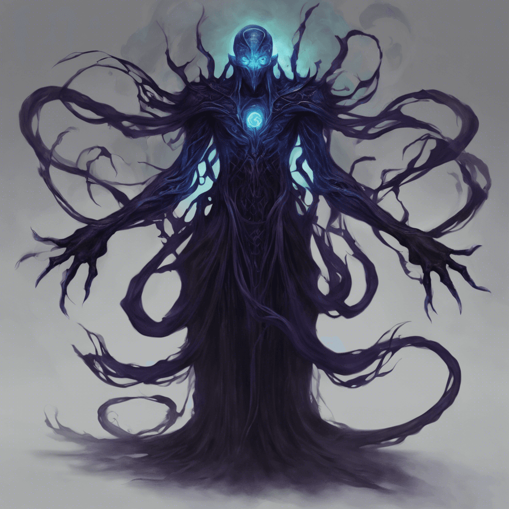 The Voidwalker is a shadowy entity, with tendrils of darkness emanating from its form. It appears to be made of pure energy, crackling with power. Its eyes glow with an otherworldly light, exuding an aura of fear and darkness.