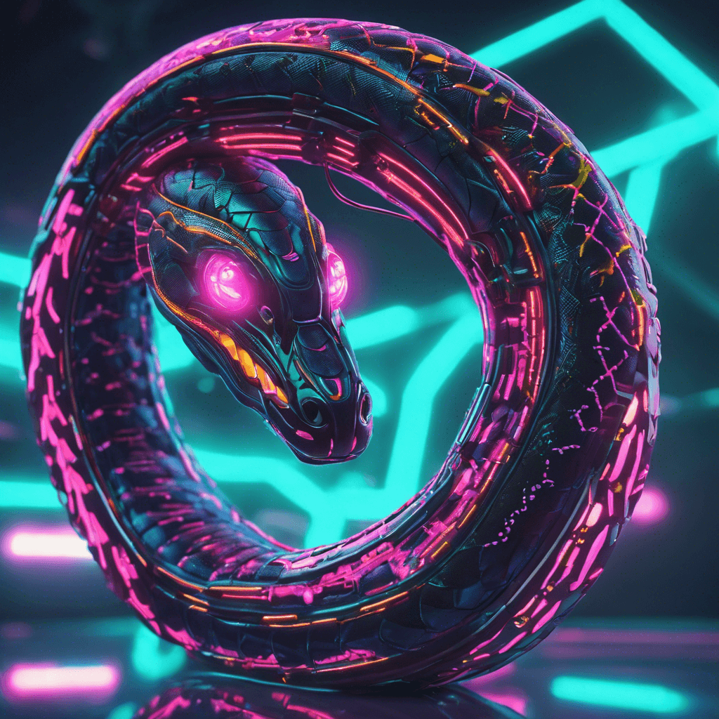 The Cyber Serpent is a sleek, robotic snake covered in intricate circuit patterns that shimmer with neon lights. Its body moves sinuously as it slithers through the digital realm, ready to strike with deadly precision.