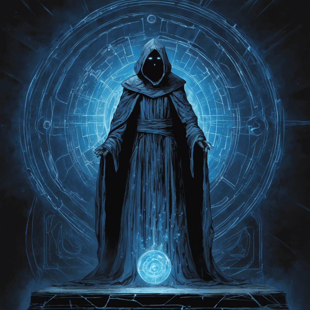 A spectral figure emanating a deep, haunting blue light, the Guardian of the Holocron is a projection of an ancient Sith sorcerer, clad in tattered robes, with eyes that glow with the knowledge of the dark side. It hovers inches off the floor, hands outstretched, as if ready to unleash a maelstrom of dark energy against any who dare approach the sacred artifacts.