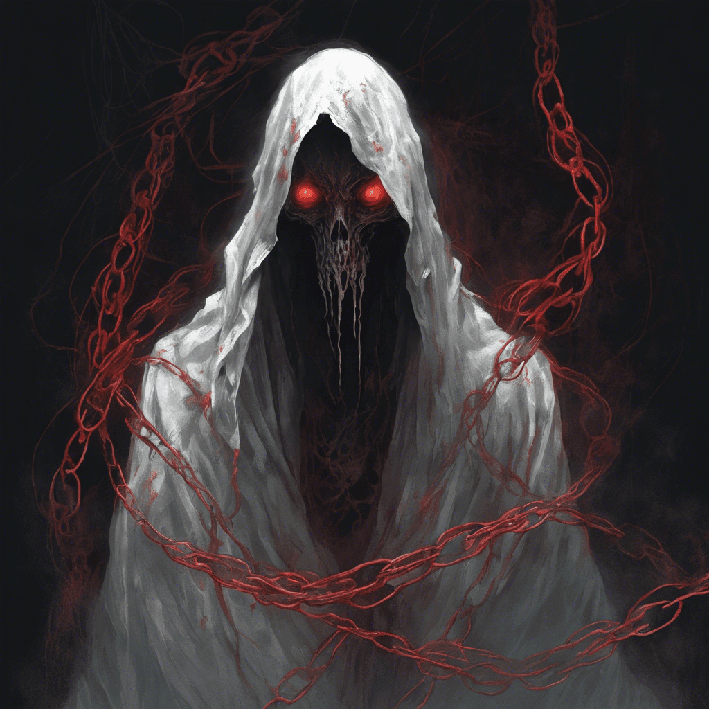 A ghostly figure, shrouded in tattered robes that float as if underwater. Its face is hidden in the shadows of its hood, with only the faintest glint of malevolent red eyes visible. Ethereal chains rattle as it moves, echoing through the silence. Its hands, barely visible outside the sleeves, crackle with eldritch energy.