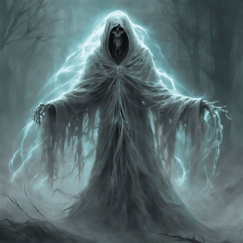 The Spectral Revenant is a ghostly figure draped in tattered, ethereal robes that billow around it as if caught in a perpetual wind. Its hollow eyes glow with an eerie light, and its presence chills the air, causing frost to form on nearby surfaces.