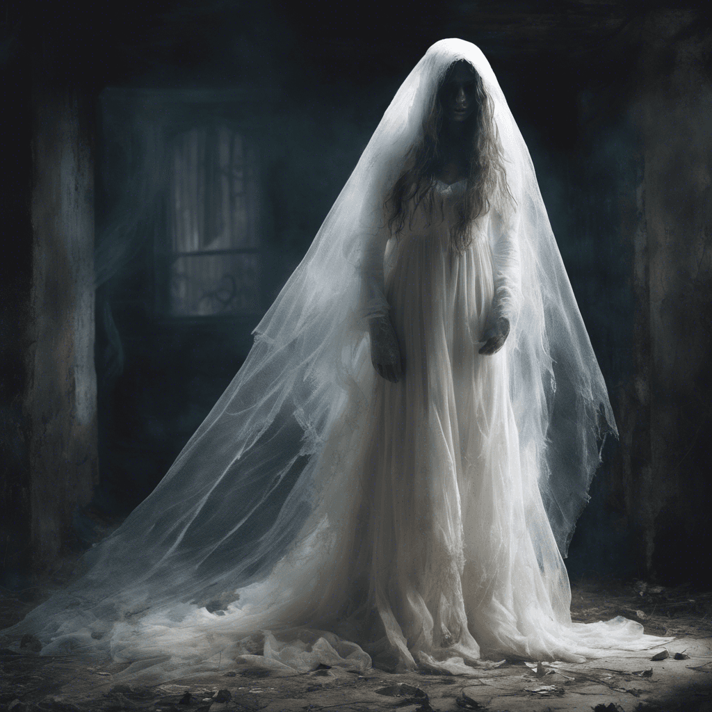 The Specter of the Forgotten Bride is a ghostly figure dressed in a tattered white wedding gown, her face obscured by a veil. She floats eerily above the ground, emitting a chilling aura that freezes the air around her. Her eyes glow with a malevolent light, and the sound of distant wedding bells follows her wherever she goes.